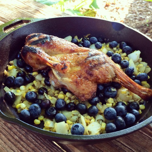 Grilled Duck with bacon, sweet corn, and blueberries 